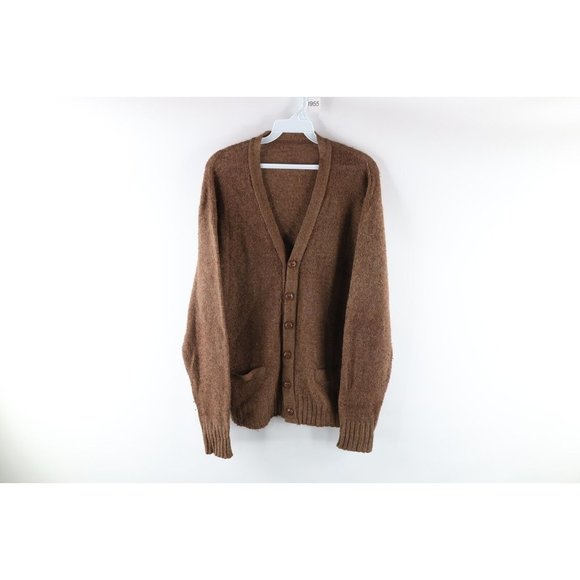 Vintage 60s Grunge M Blank Wool Blend Knit Kurt Cobain Cardigan Sweater Brown